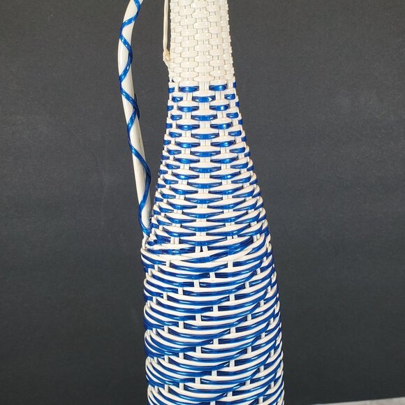 Vintage 1964 Spanish Blue Wicker-Wrapped Glass Wine Bottle with Lid - Rustic Spa - Picture 2 of 6